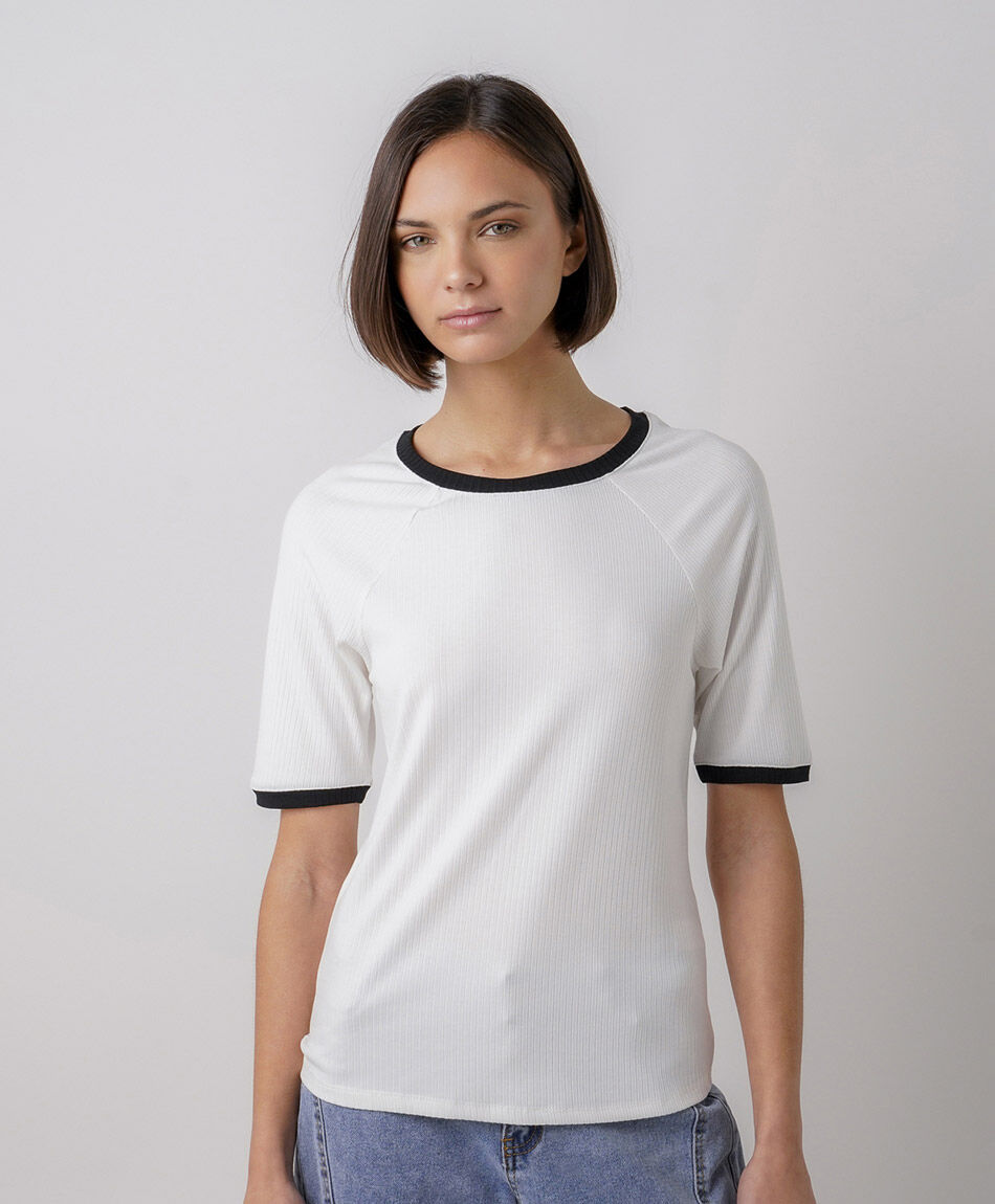 Polera mujer canal&eacute; contraste blanca