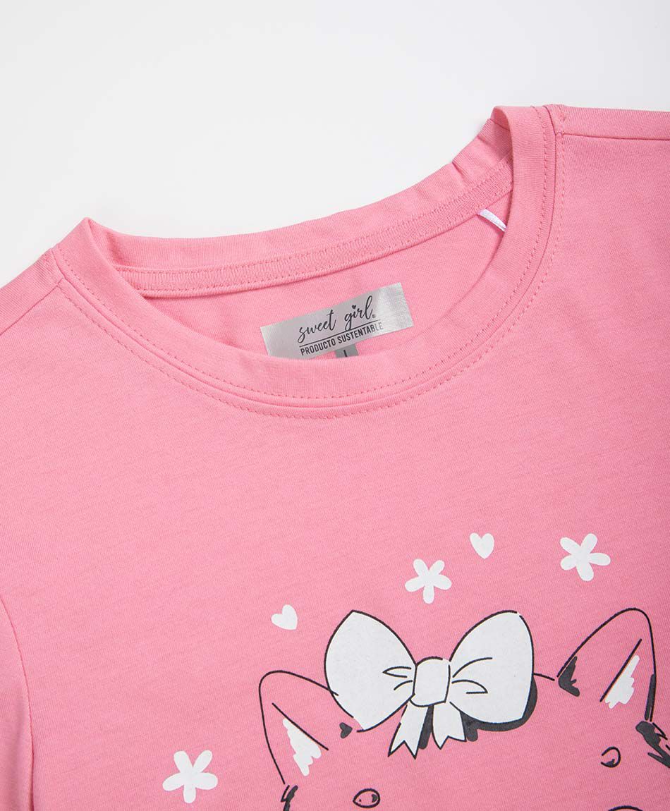 Polera ni&ntilde;a estampado brillos gatunos