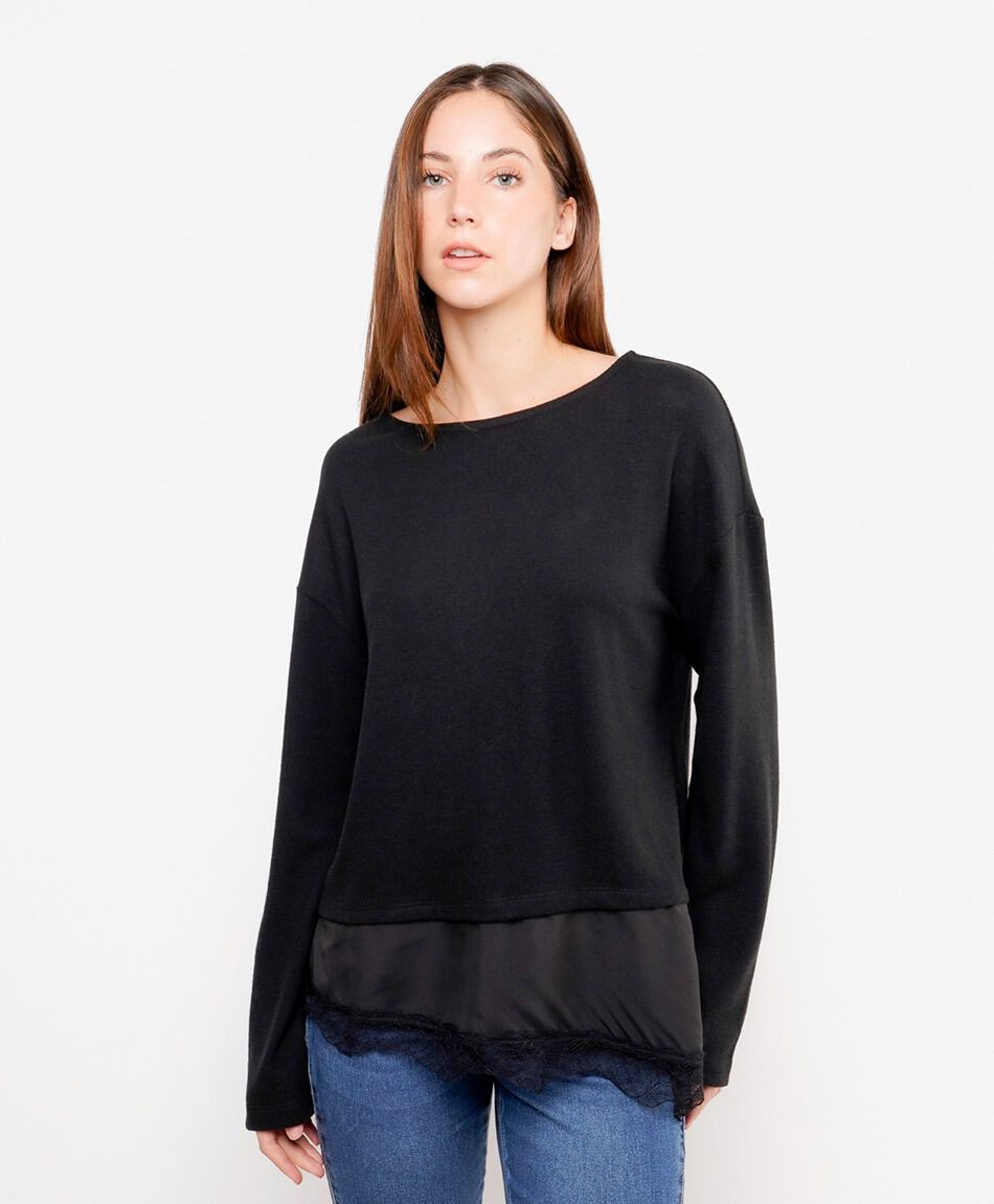 Polera mujer detalle basta encaje negra