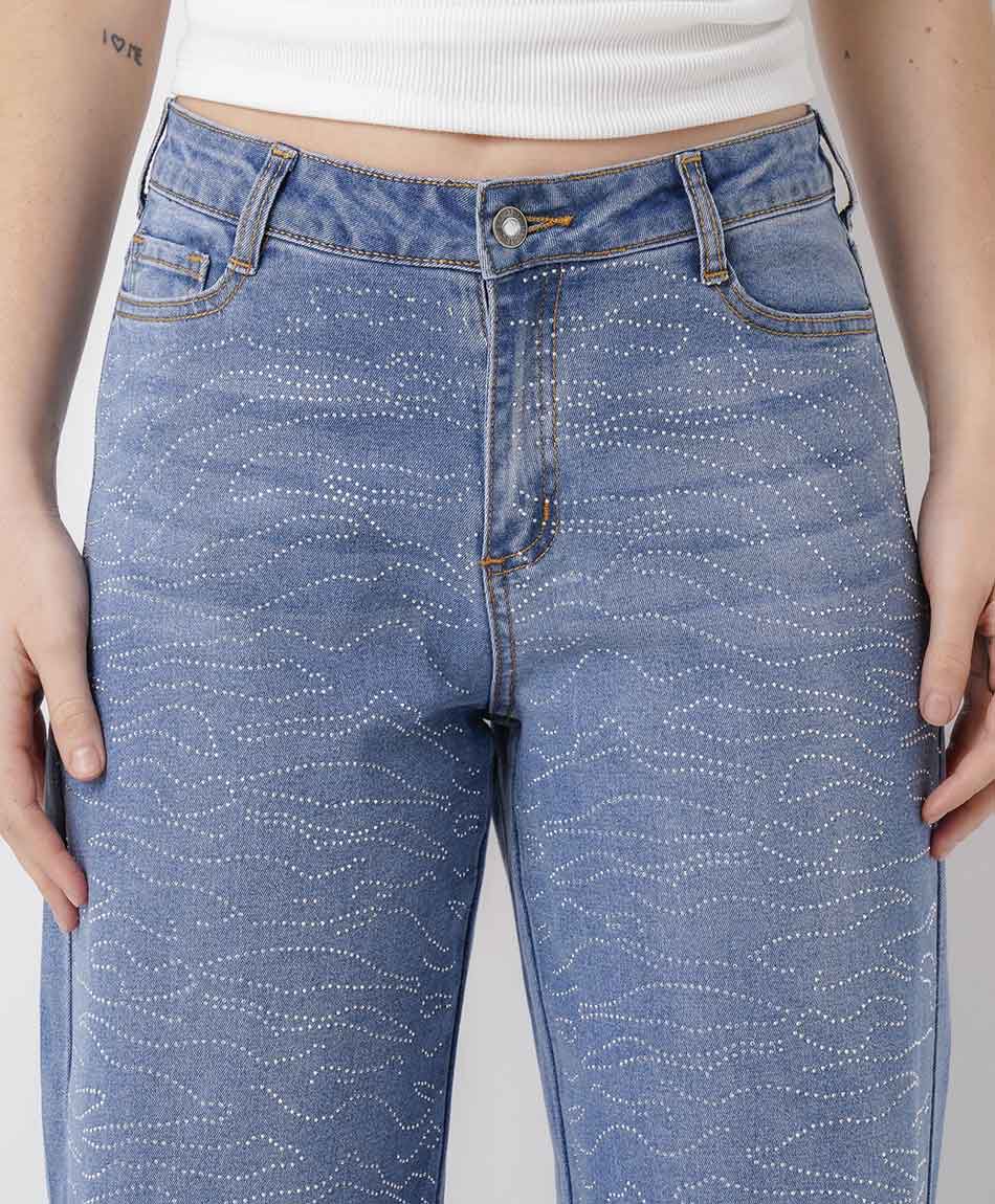 Jeans mujer wide leg dise&ntilde;o brillos