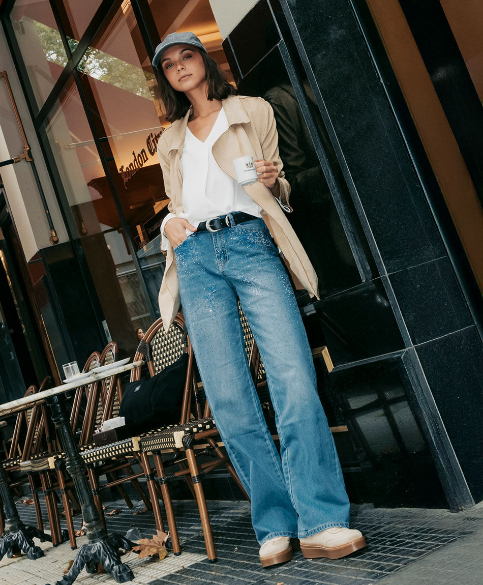 Jeans mujer wide leg brillos