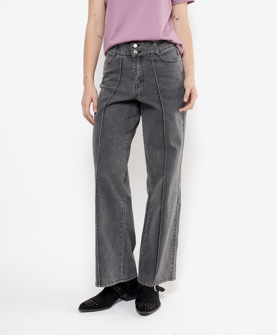 Jeans mujer wide leg gris costuras