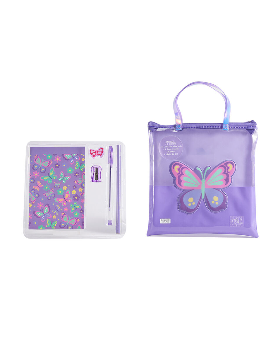 Set libreta + estuche escolar mariposas