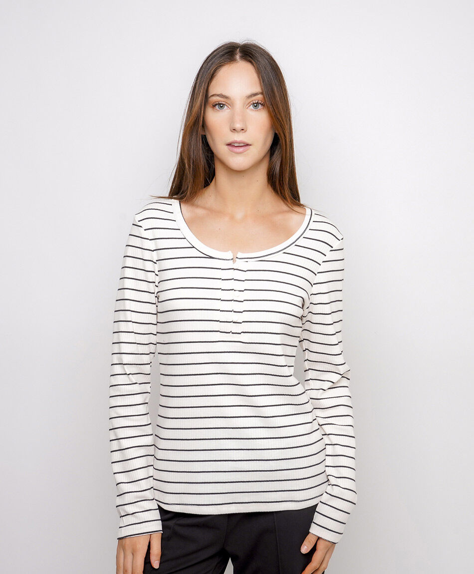 Polera mujer rib botones rayas