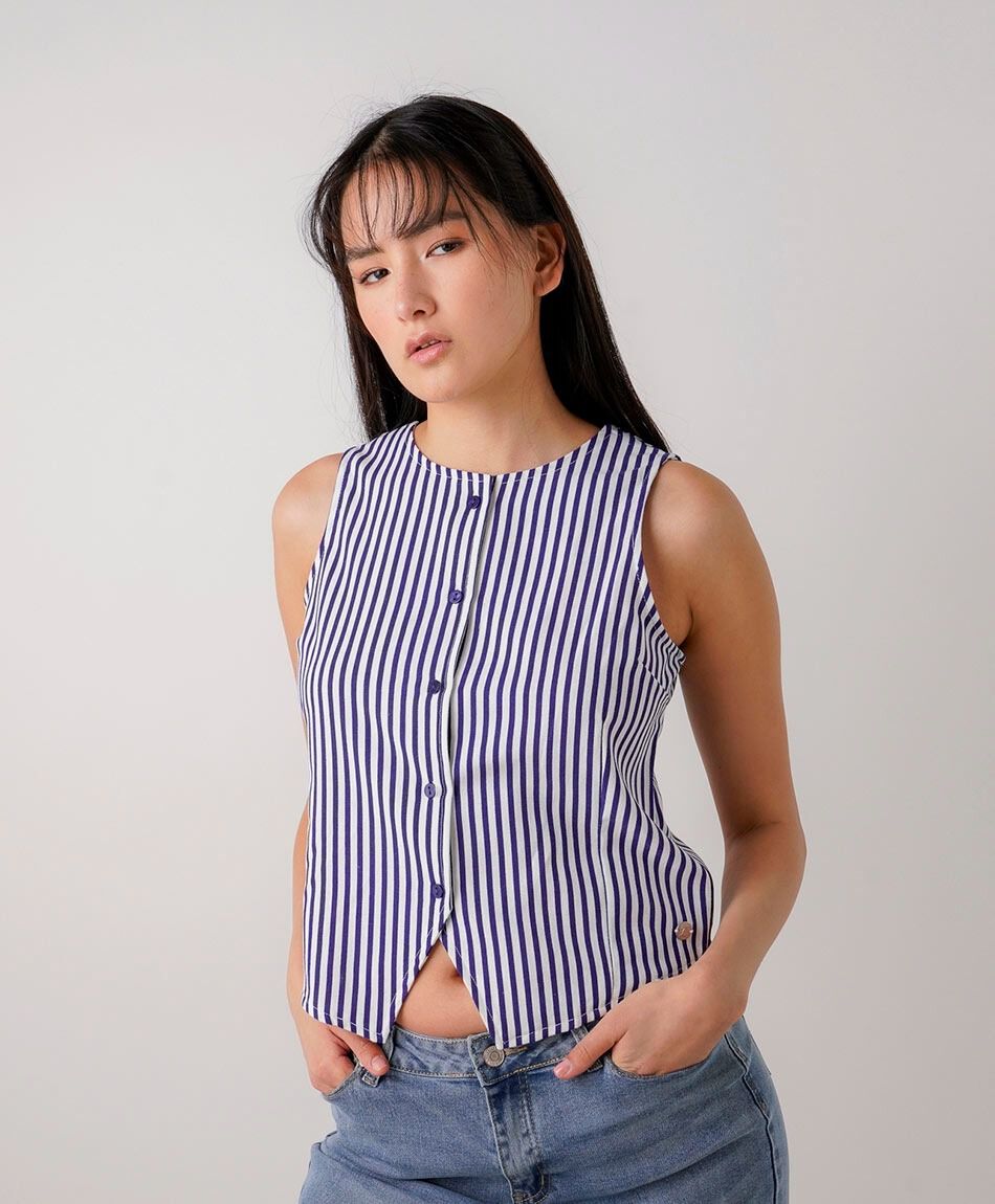 Blusa mujer l&iacute;neas sin mangas lino
