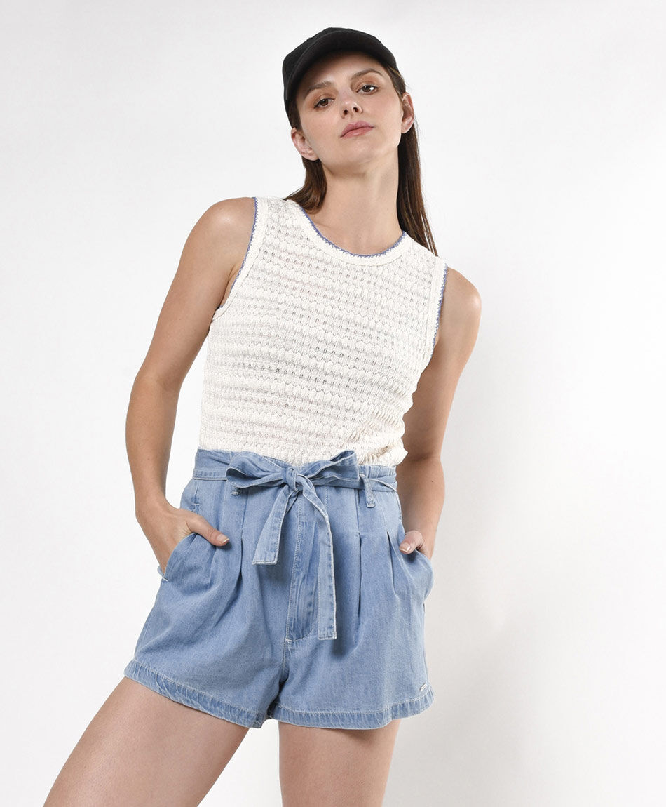Short mujer denim plisado lazo