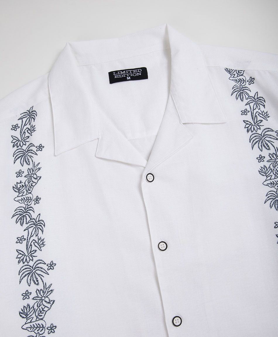 Camisa hombre bordado plantas lino
