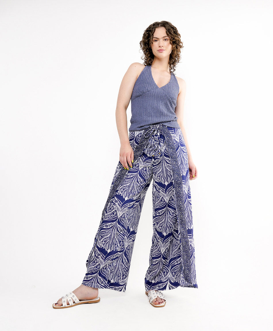 Pantal&oacute;n mujer print hojas wide