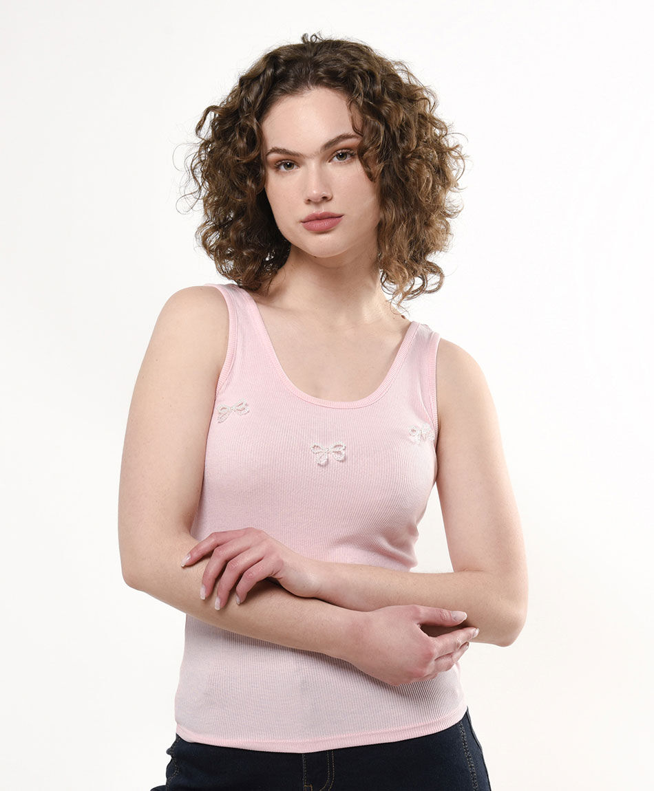 Polera mujer top cintas perlas rosada