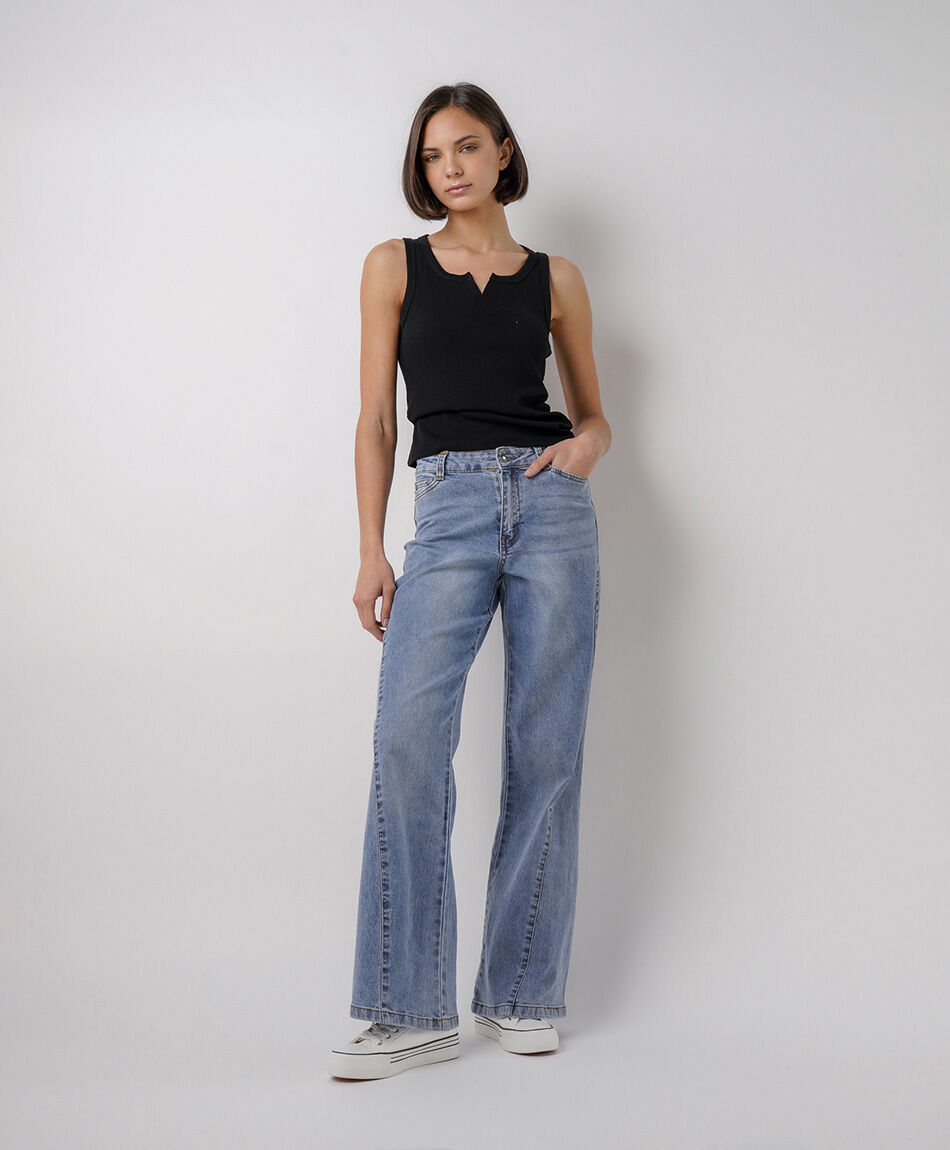 Jeans mujer wide leg estrella met&aacute;lica
