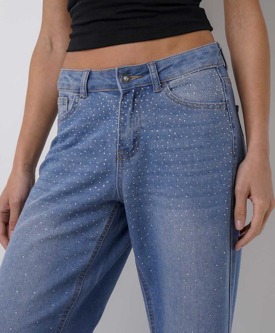 Jeans mujer wide leg brillos superior
