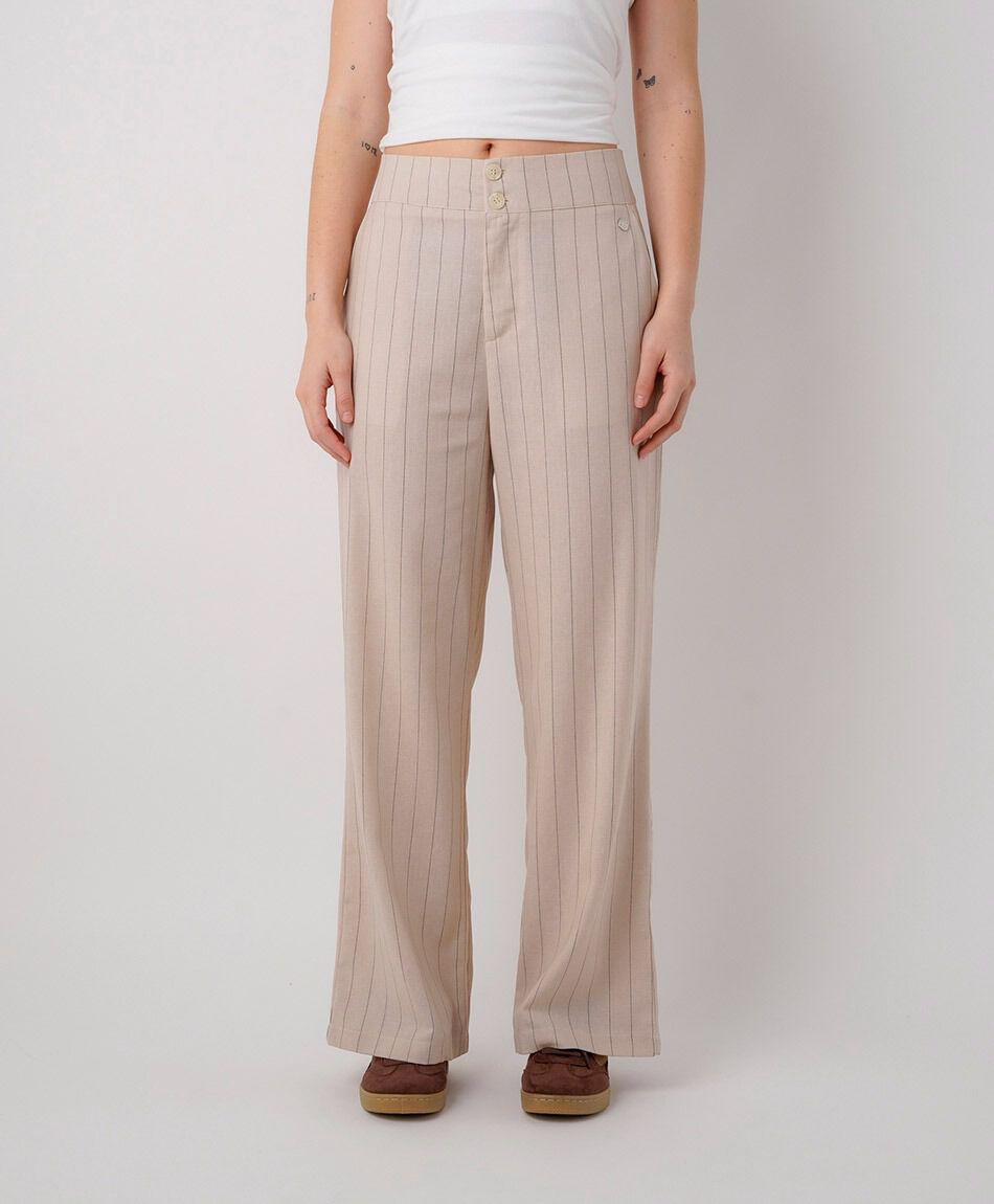 Pantal&oacute;n mujer listado doble bot&oacute;n lino