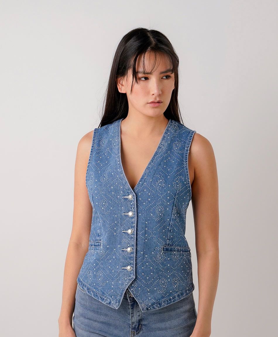 Vest mujer denim brillos
