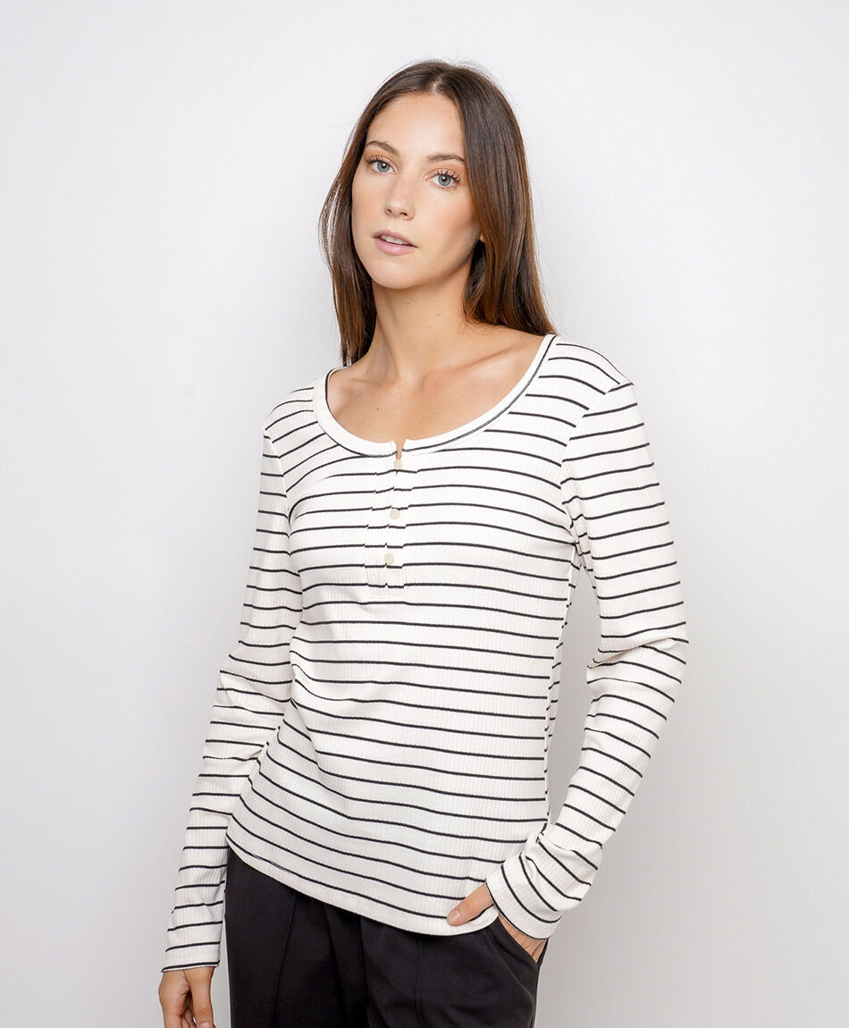 Polera mujer rib botones rayas