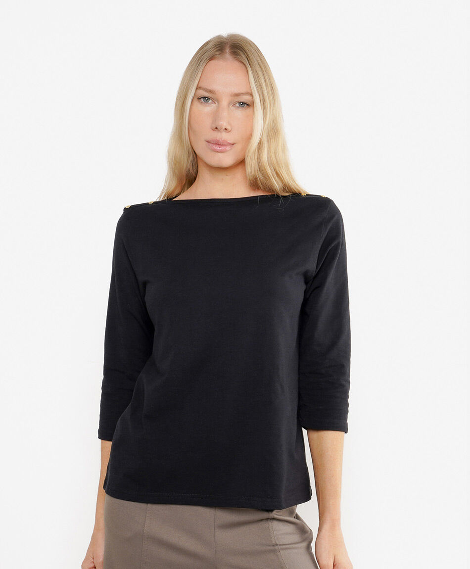 Polera mujer cuello bote botones negra