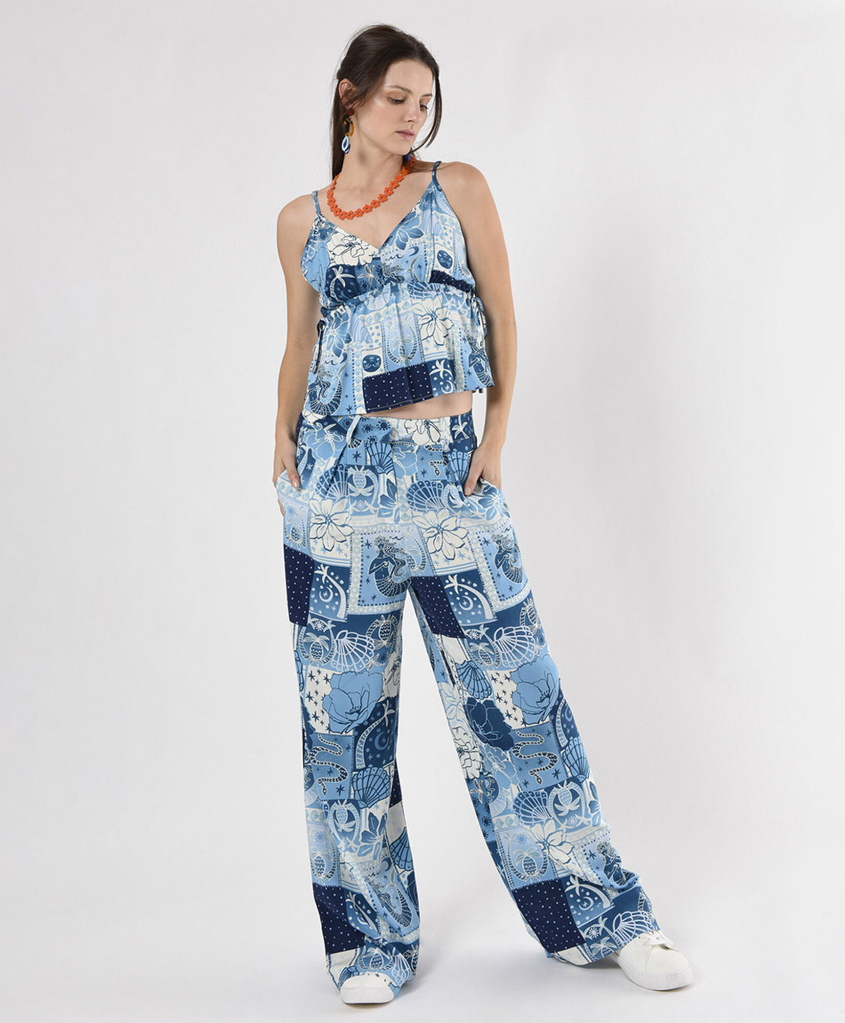 Pantalón mujer estampado marino wide Pantalón mujer estampado marino wide