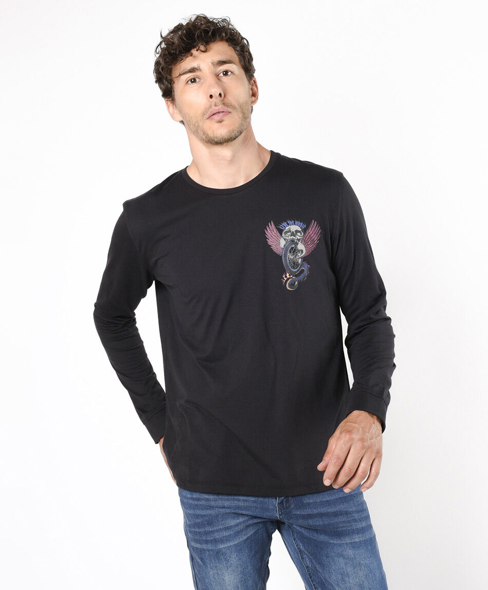 Polera hombre doble estampado calavera