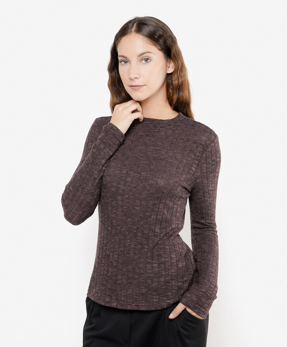 Polera mujer acanalada melange caf&eacute;