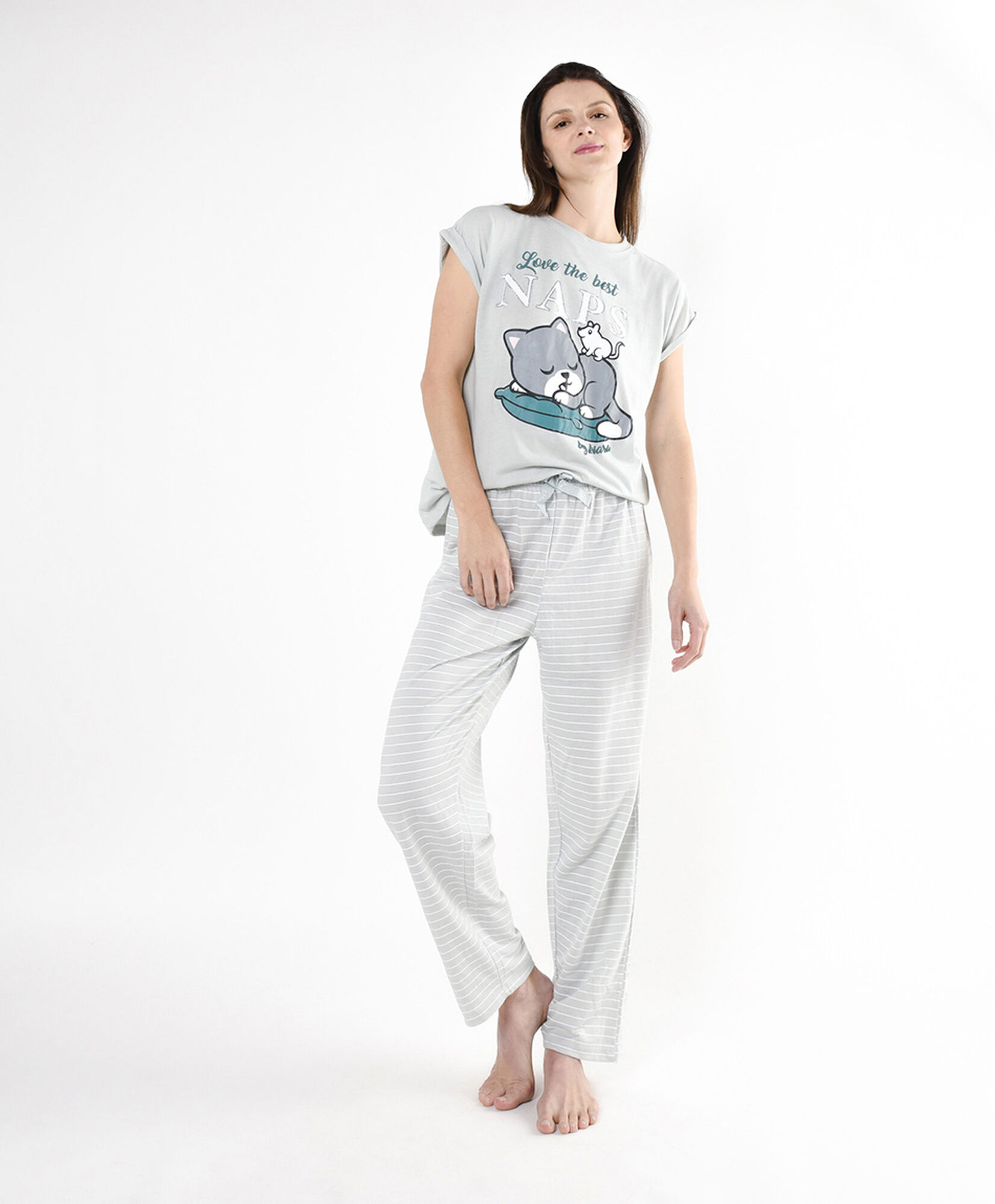 Pijama mujer gatito y líneas Pijama mujer gatito y líneas