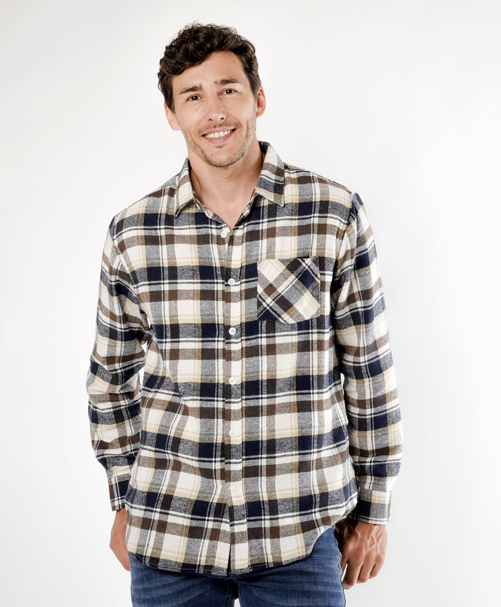 Camisa hombre franela cuadrille beige Camisa hombre franela cuadrille beige