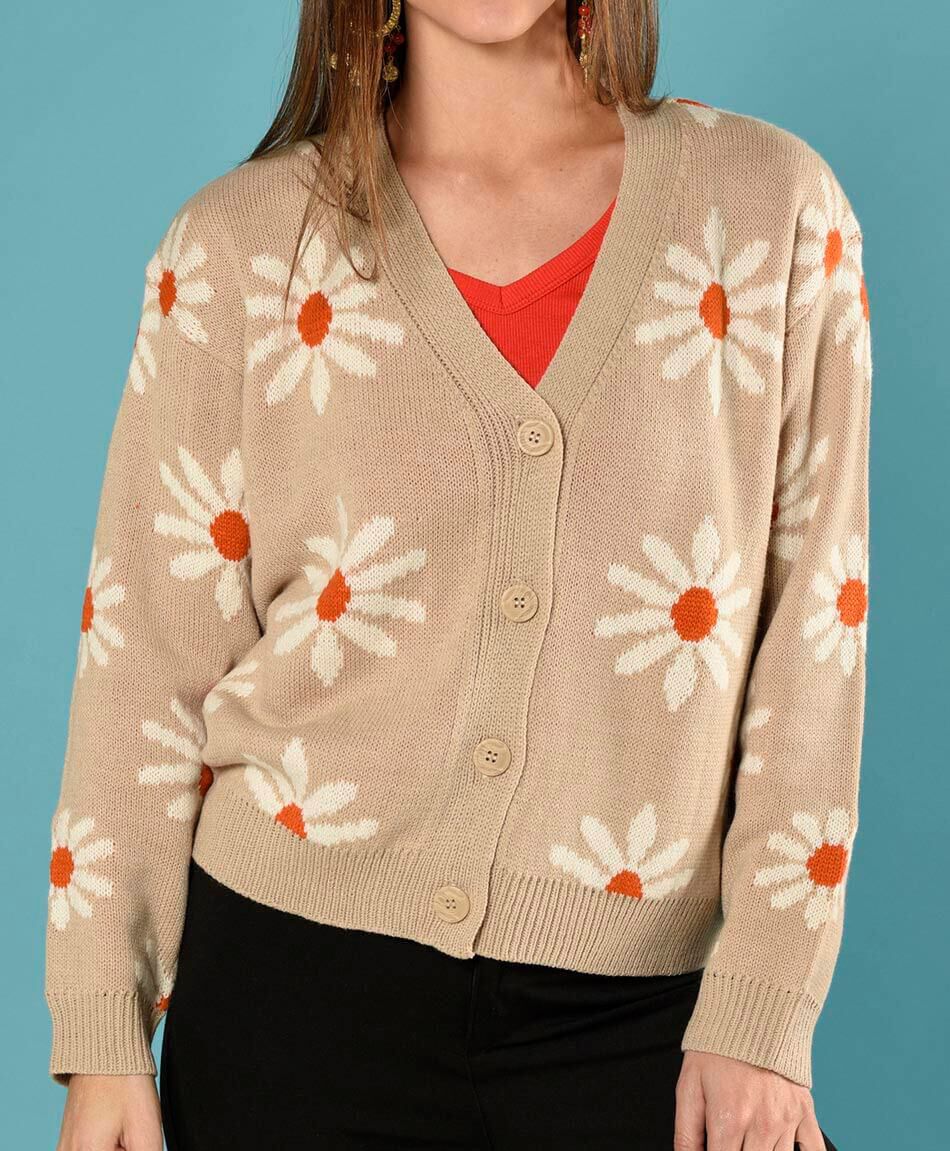 C&aacute;rdigan jacquard flor corto cuello en v