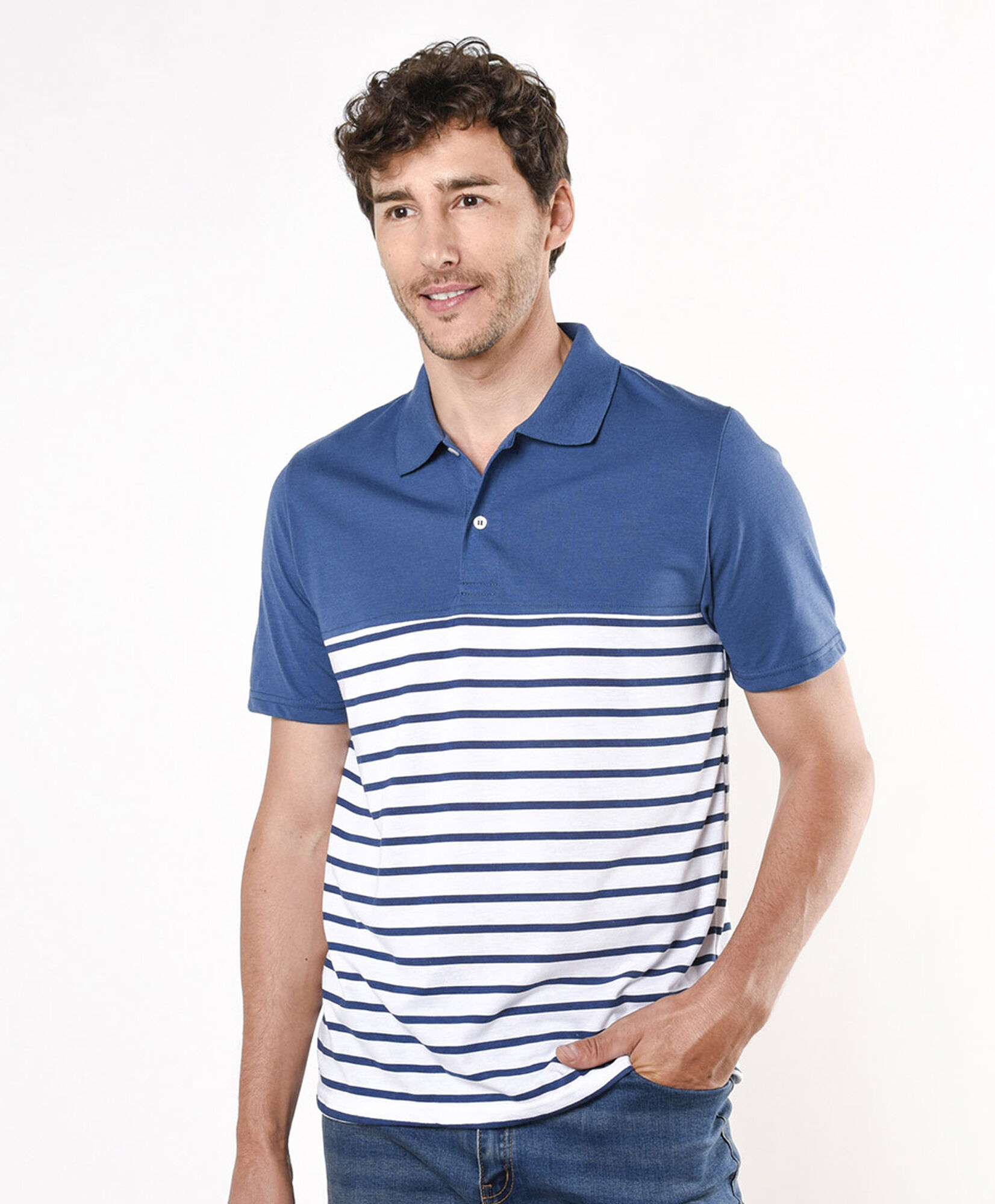 Polera hombre líneas azul cuello piqué Polera hombre líneas azul cuello piqué