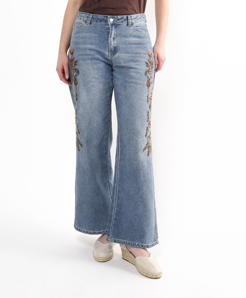 Jeans mujer bordado lateral wide