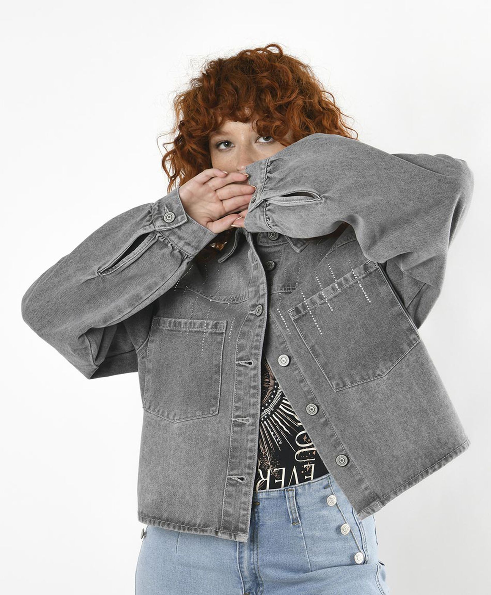 Chaqueta mujer denim crop gris Chaqueta mujer denim crop gris