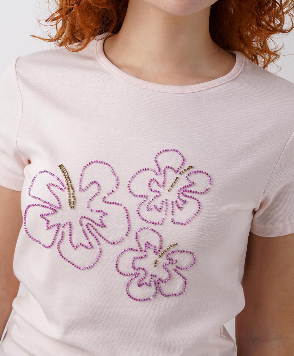Polera mujer flores mostacillas