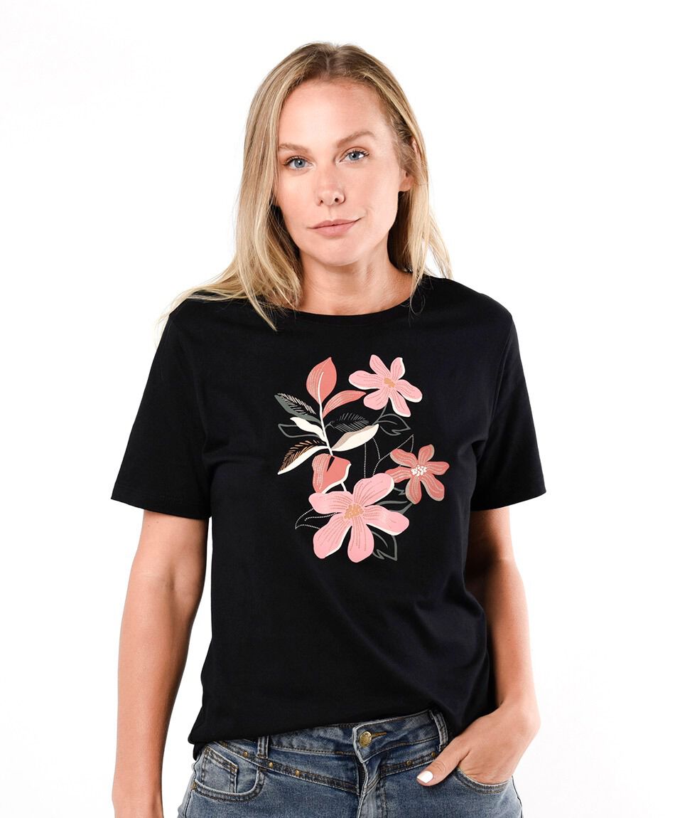 Polera mujer flores rosadas