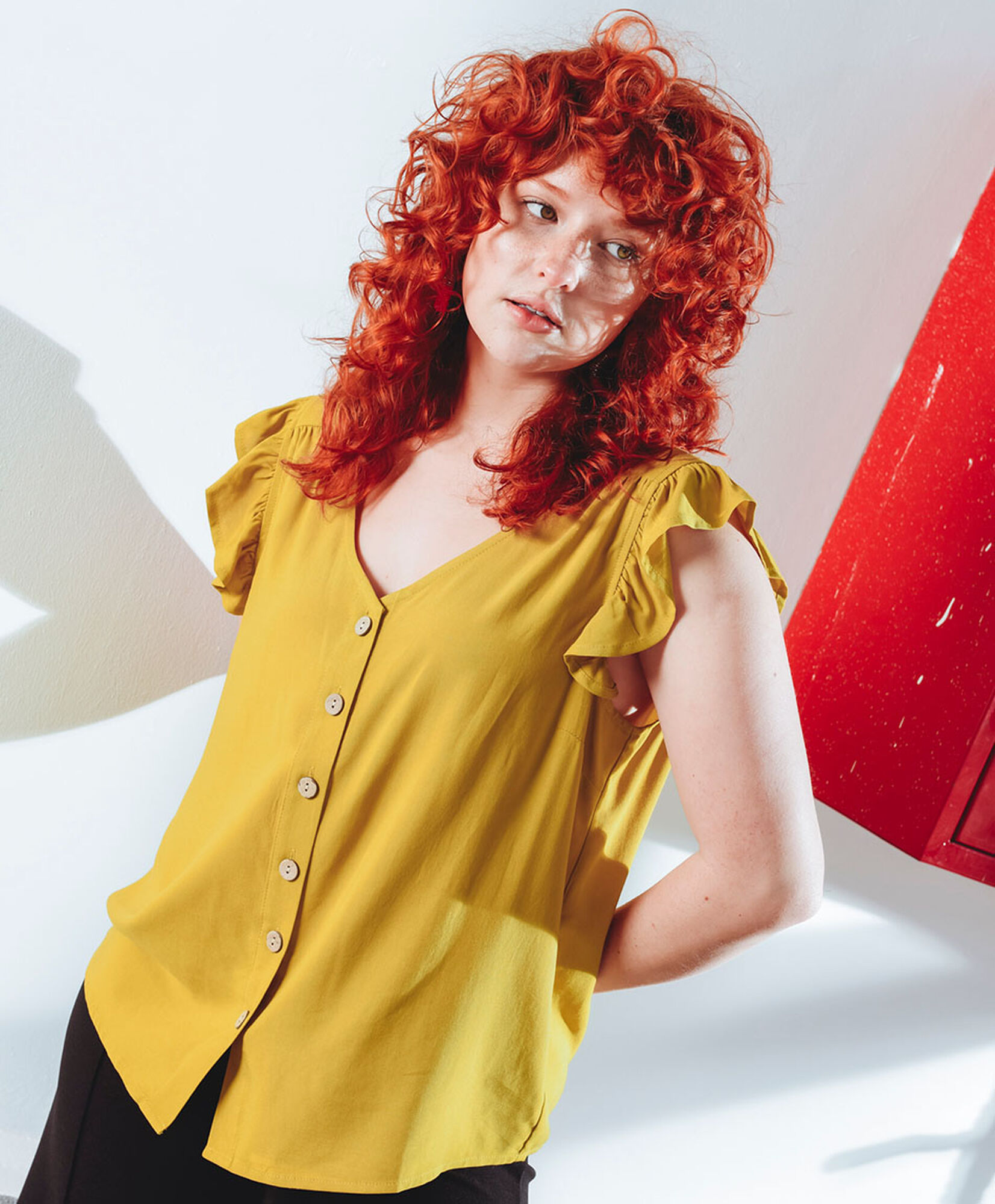 Blusa mujer mini manga botones amarilla Blusa mujer mini manga botones amarilla