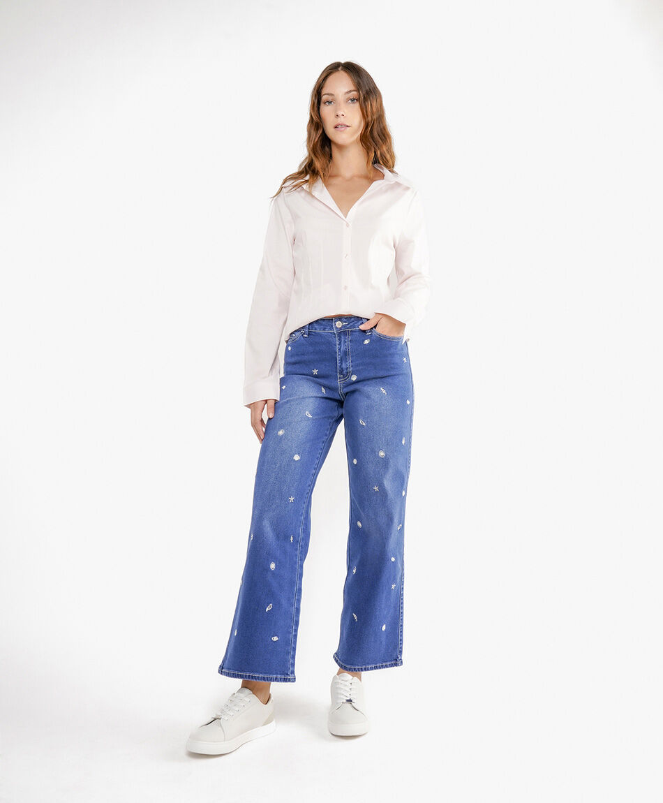 Jeans mujer wide leg bordado frontal