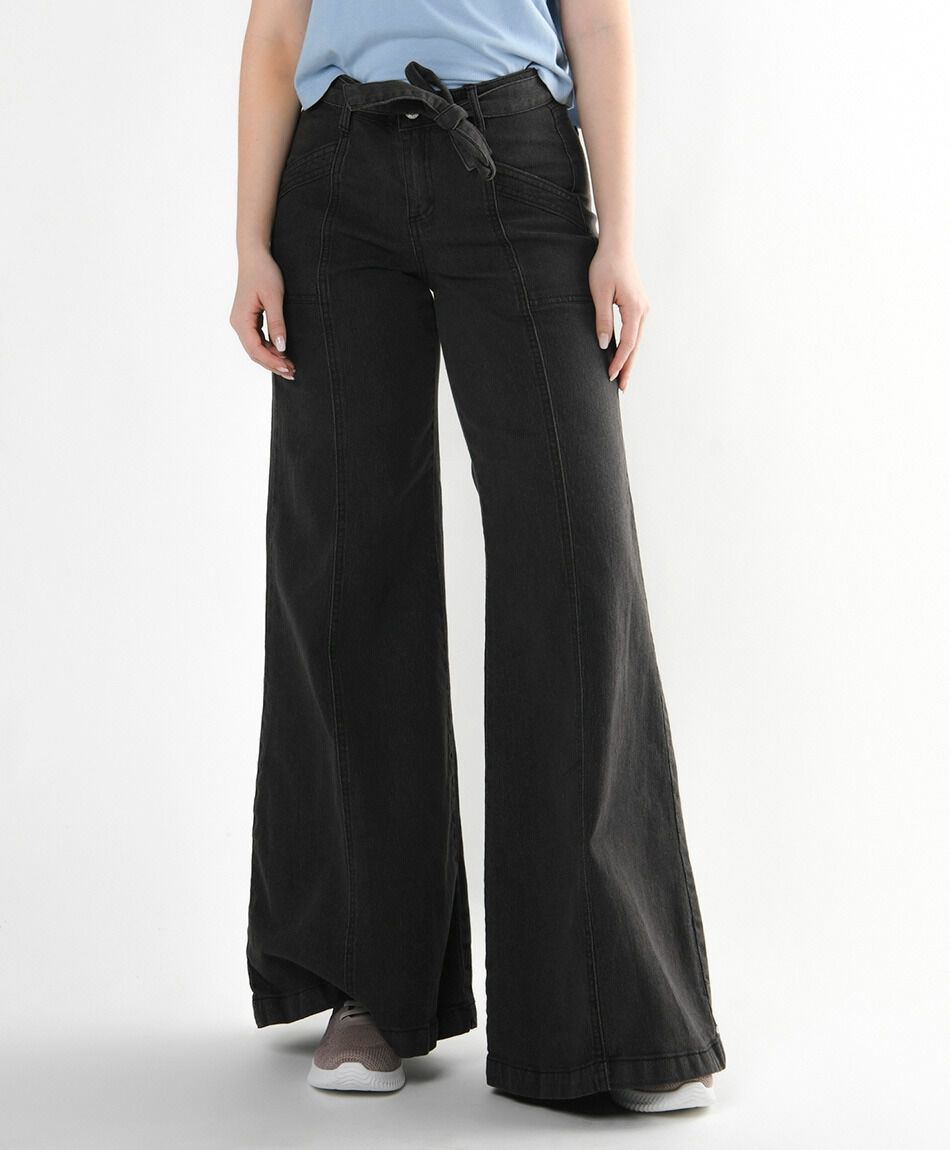 Jeans mujer wide leg costuras negro