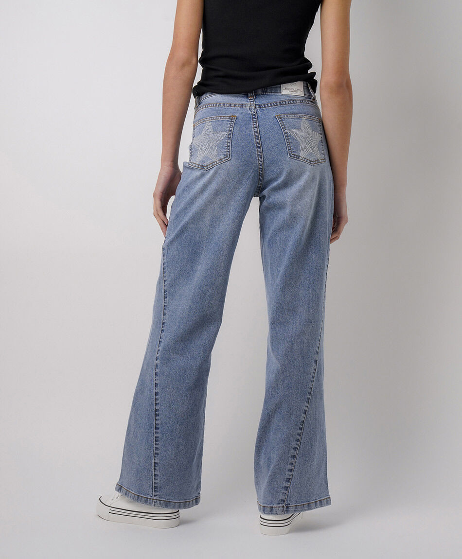 Jeans mujer wide leg estrella met&aacute;lica