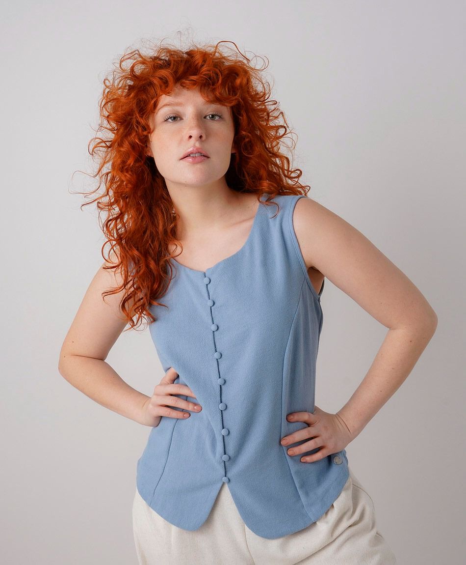 Vest mujer celeste lino