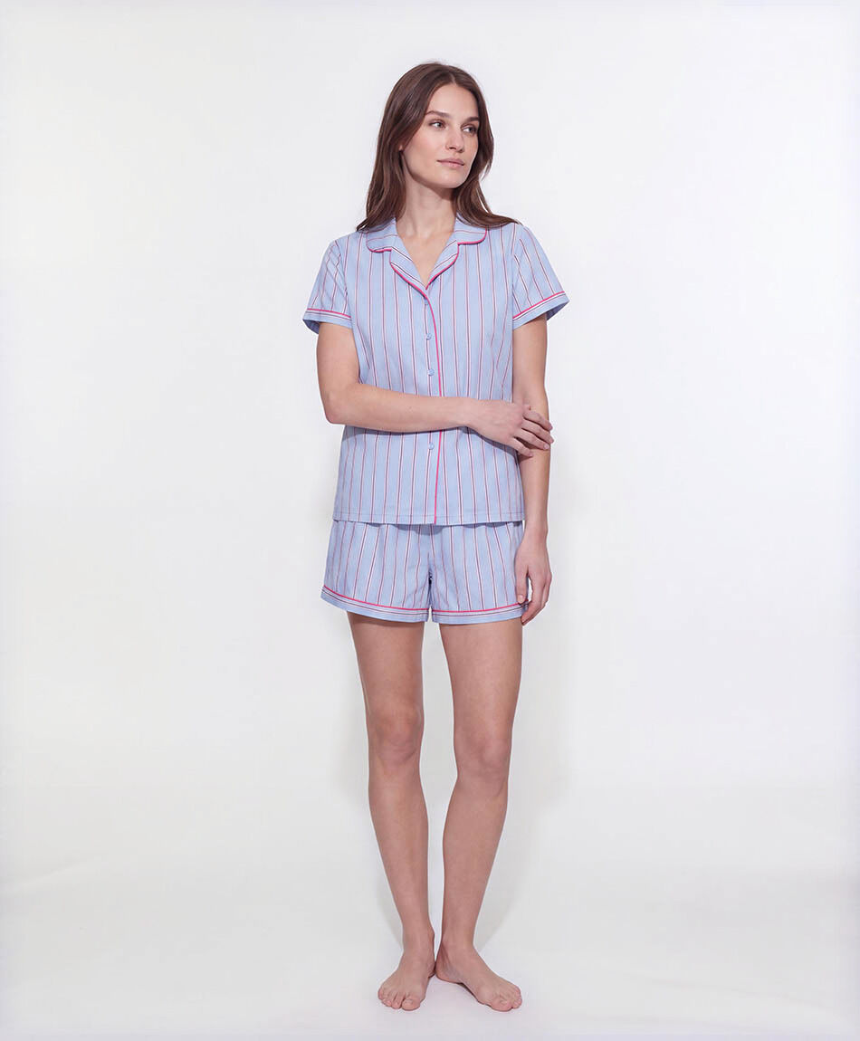 Pijama mujer camisero rayas azul short