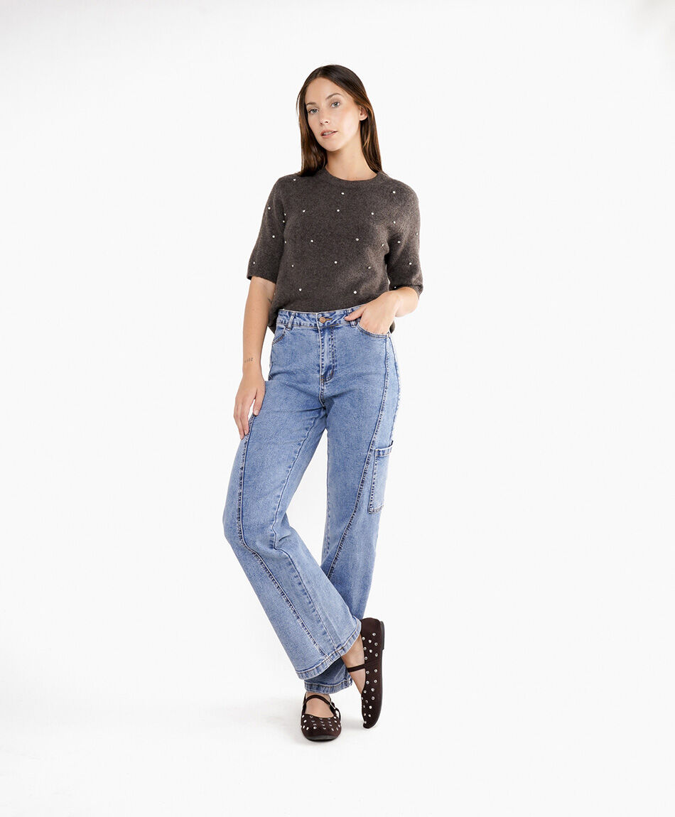 Jeans mujer wide leg bolsillos cargo