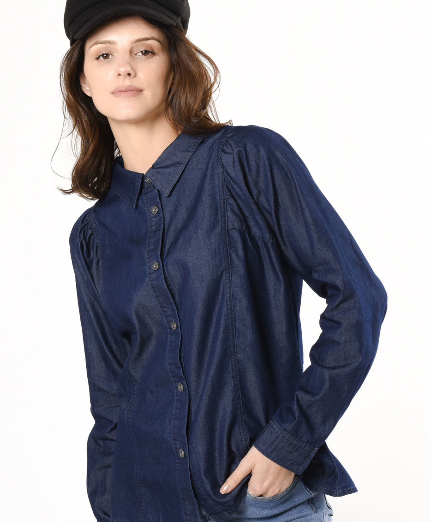 Blusa mujer denim manga recogida Blusa mujer denim manga recogida