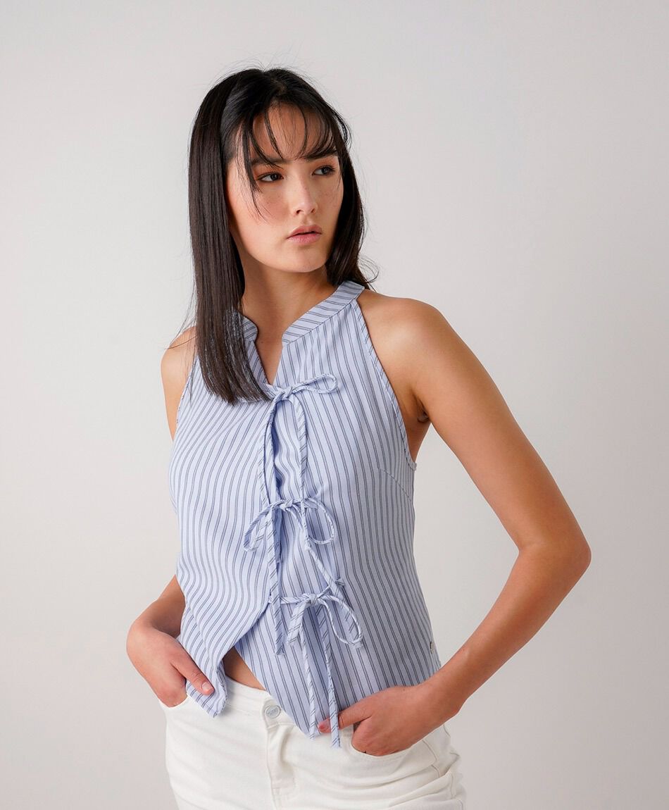 Blusa mujer amarras rayas lino
