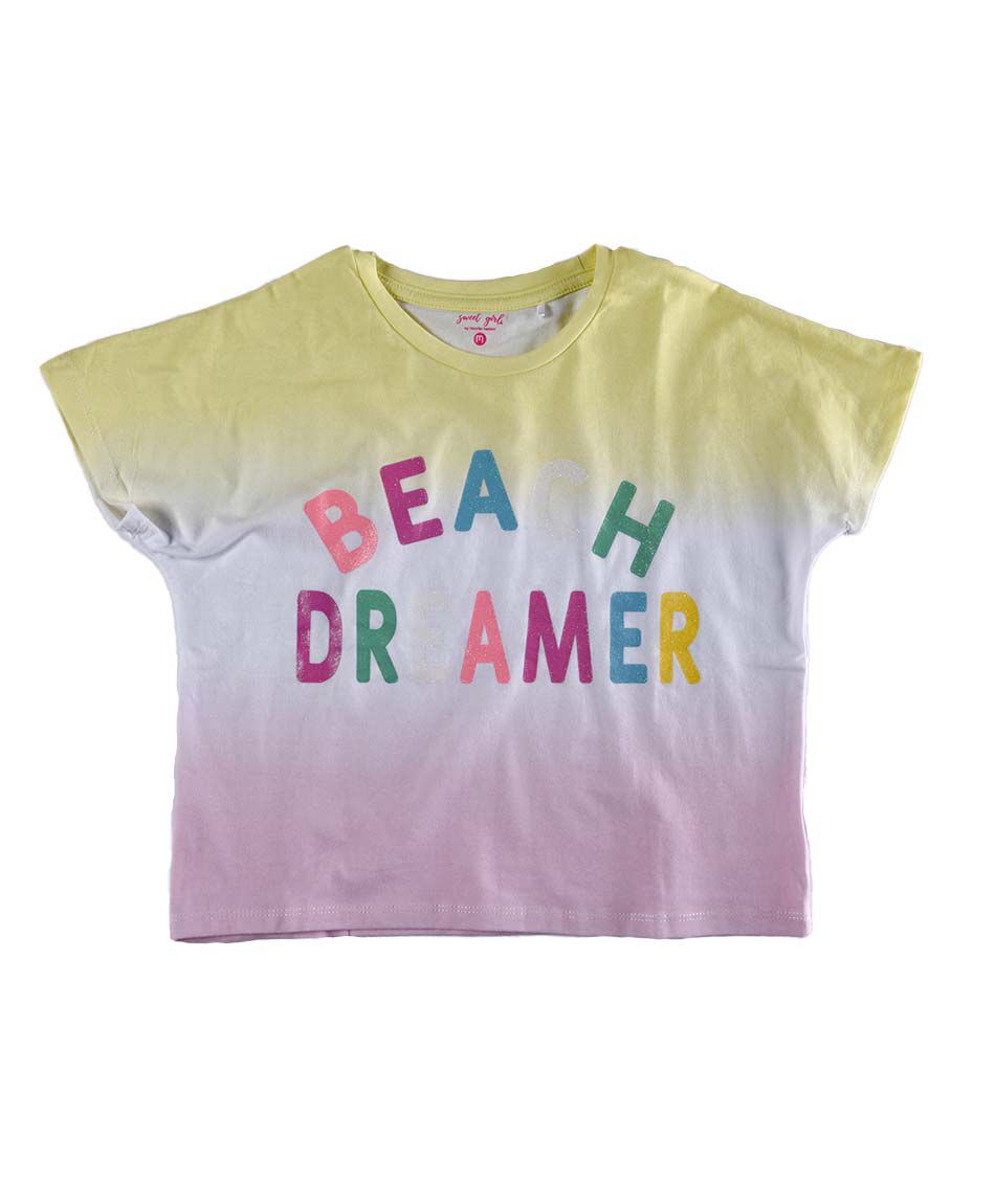 Polera ni&ntilde;a tie dye frase manga corta