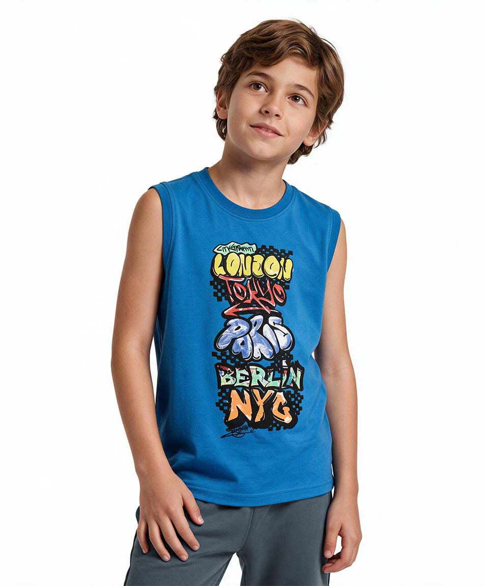 Polera ni&ntilde;o sin mangas ciudades