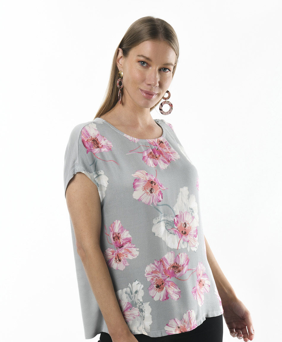 Polera mujer floral mix oversize gris
