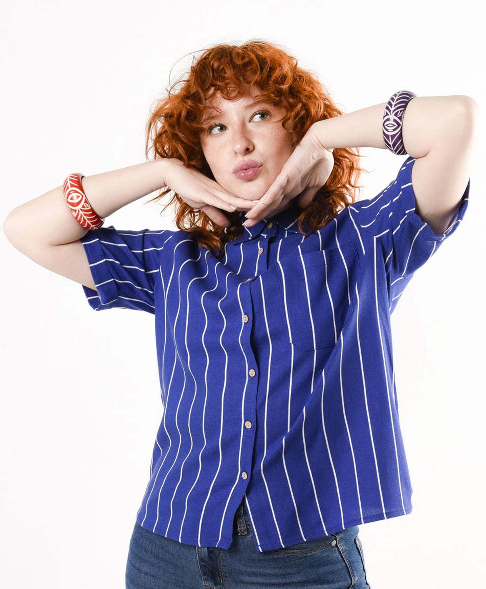 Blusa mujer lino líneas azul Blusa mujer lino líneas azul