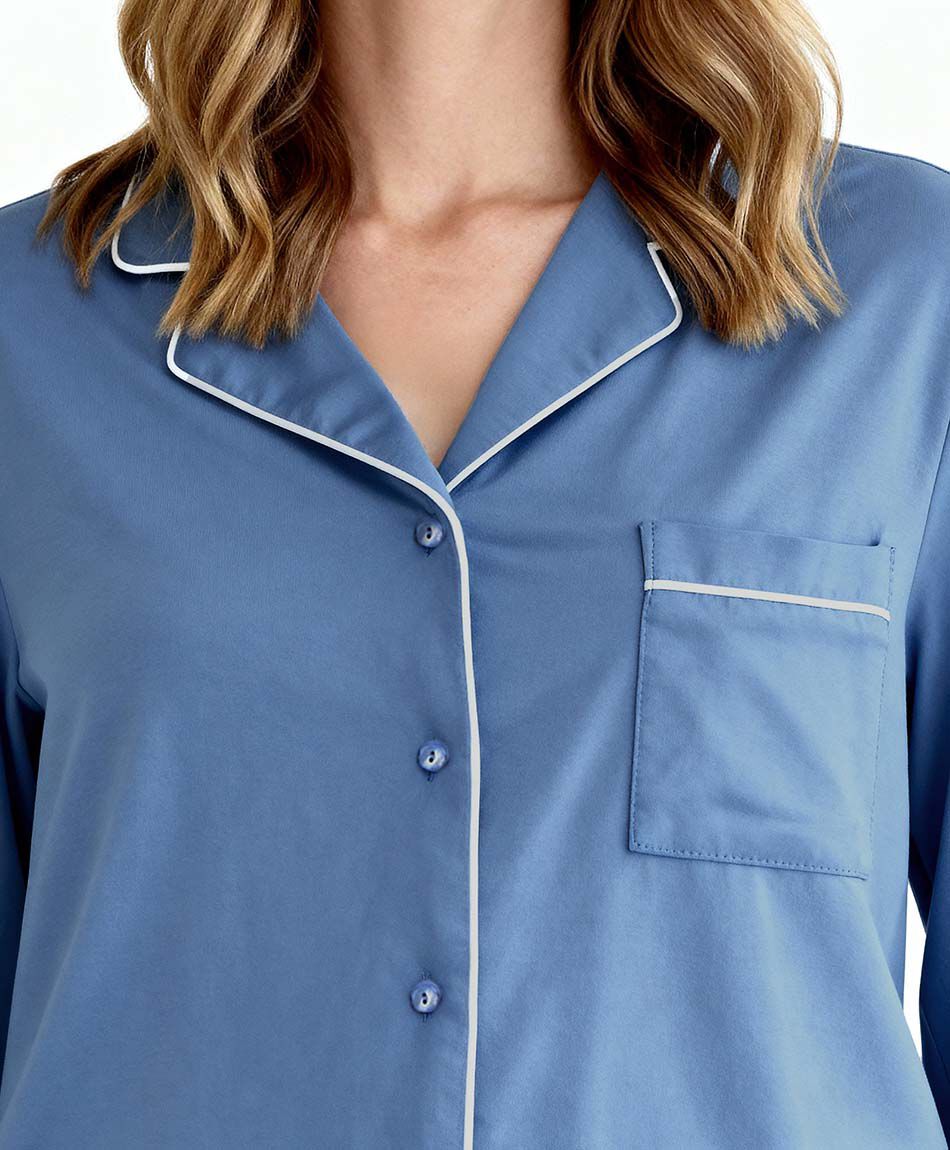 Pijama mujer camisero azul piping