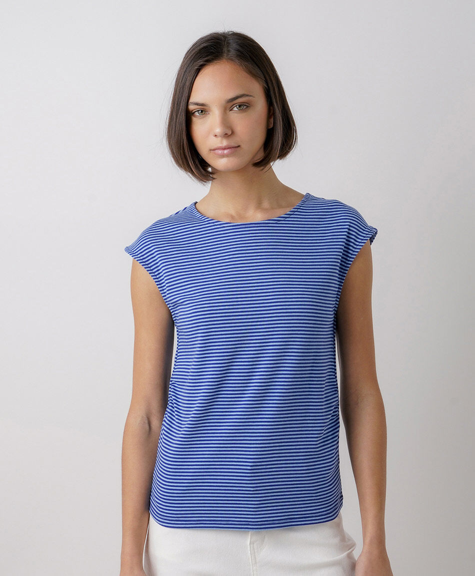 Polera mujer listada manga mini azul