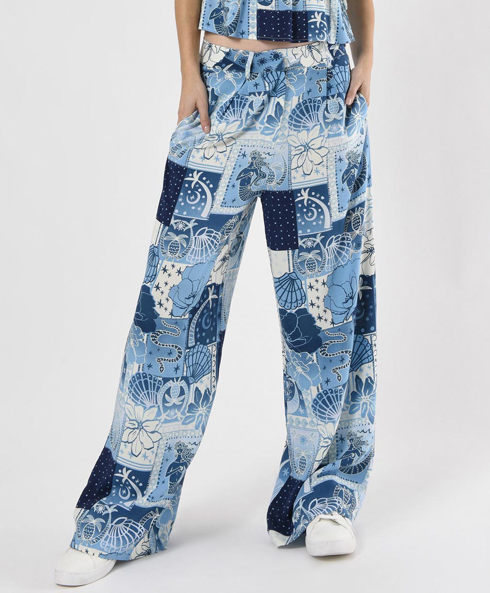 Pantalón mujer estampado marino wide Pantalón mujer estampado marino wide