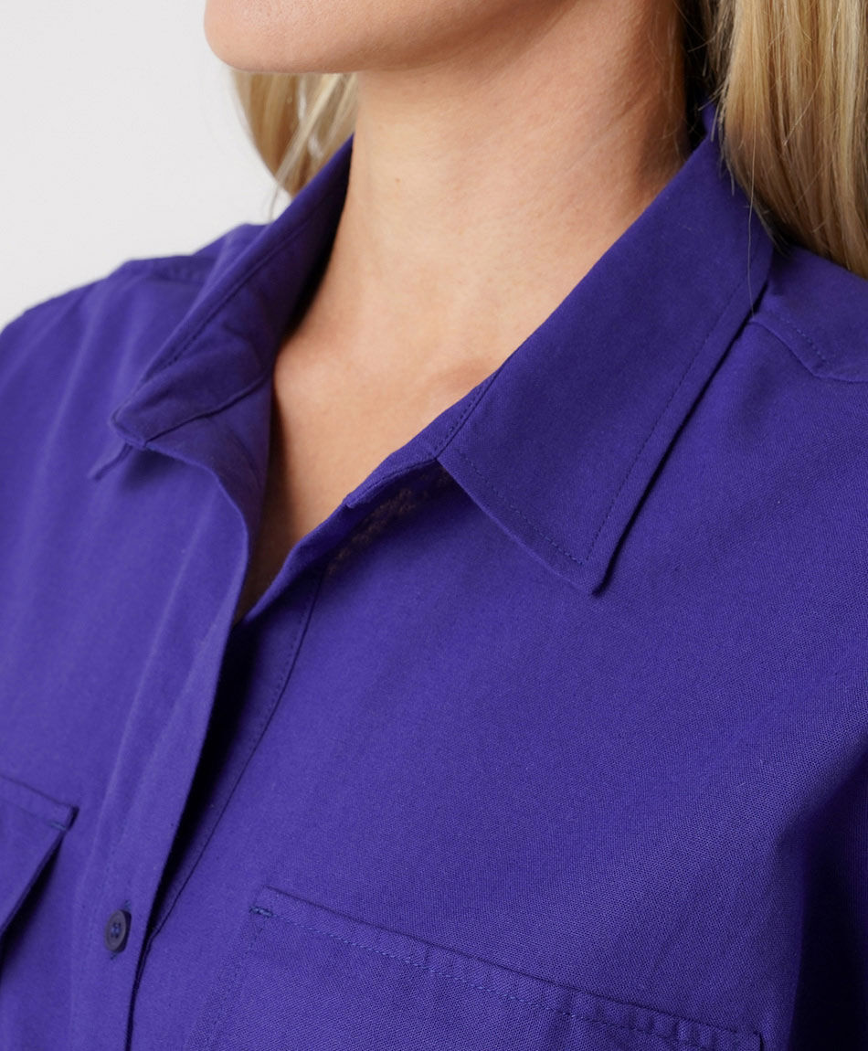 Blusa mujer lino morada bolsillos