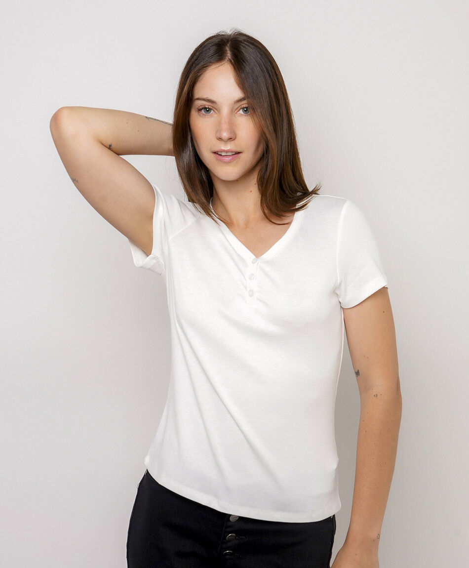 Polera mujer cuello botones white