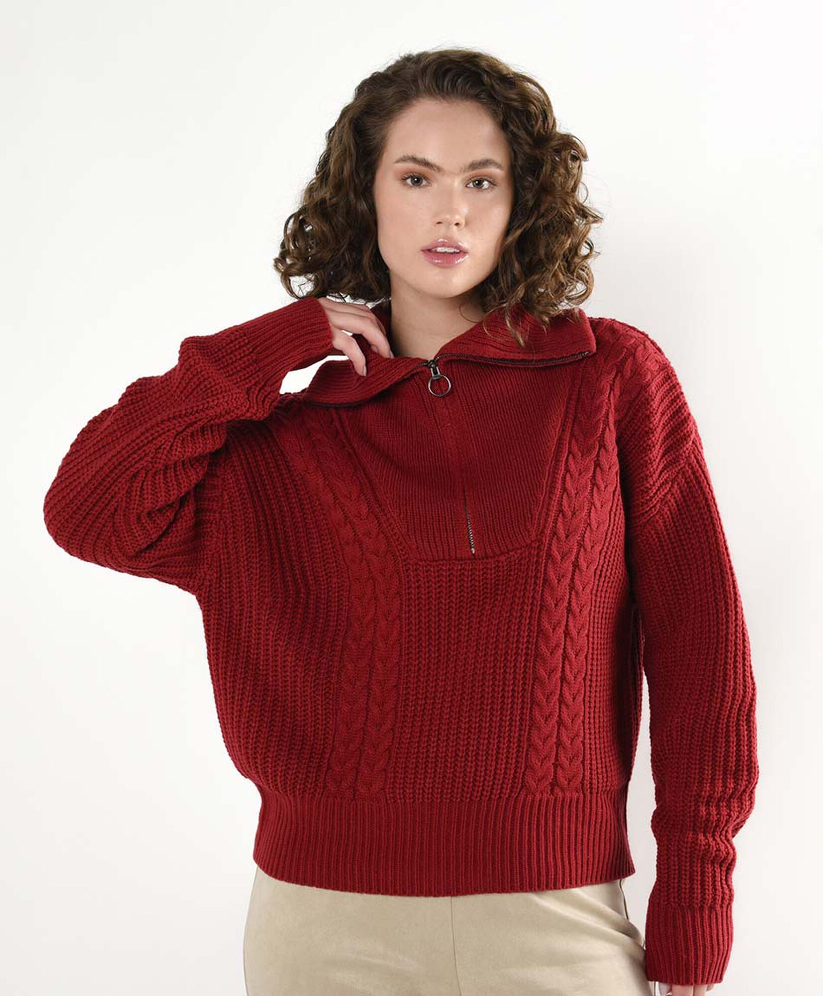 Sweater mujer trenzado rojo cierre medio Sweater mujer trenzado rojo cierre medio