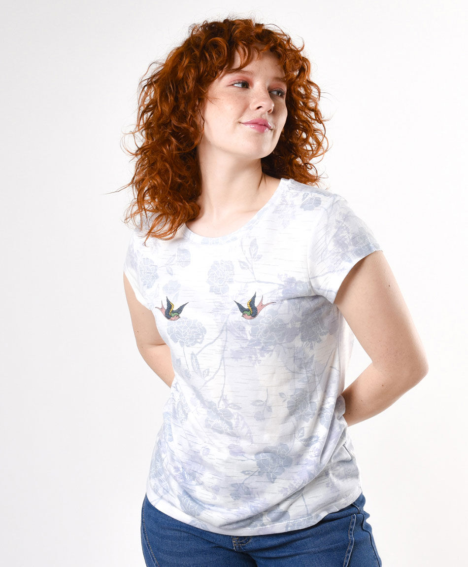 Polera mujer flores pájaros